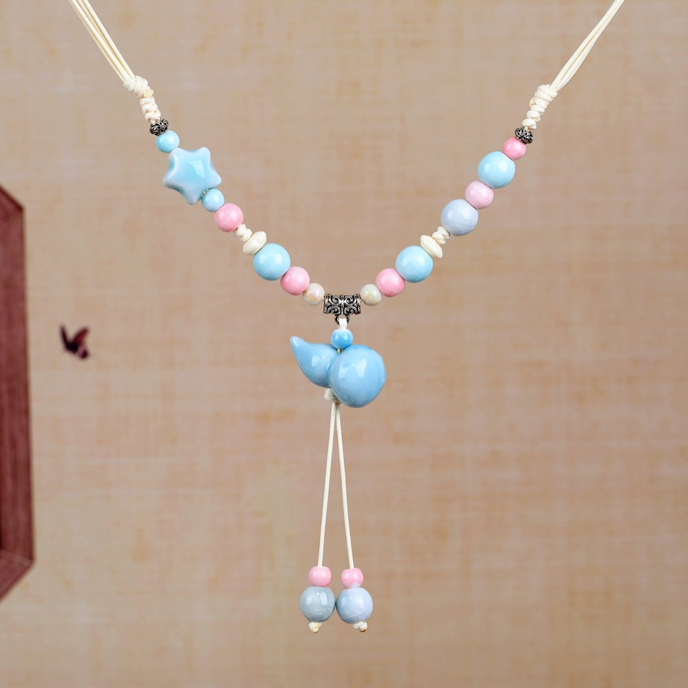 Women's Retro Ethnic Style Ceramic Butterfly Bell Fashionable Necklace
