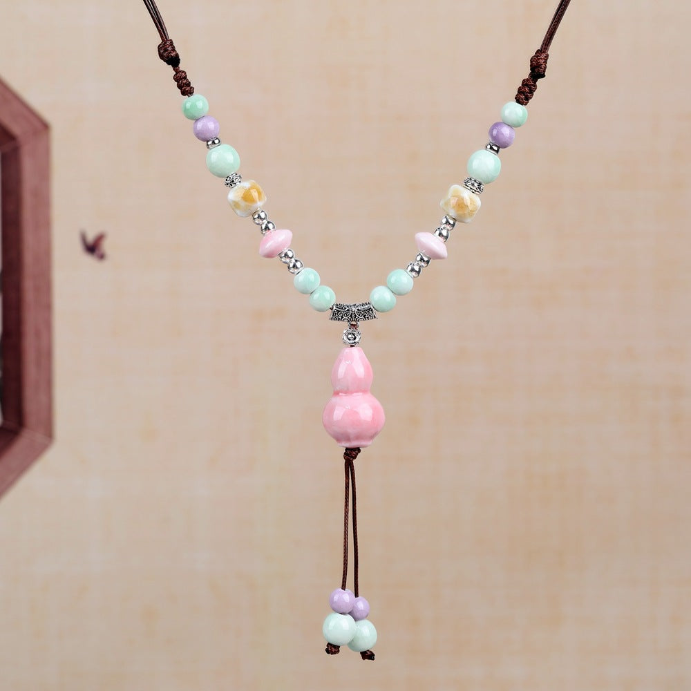 Women's Retro Ethnic Style Ceramic Butterfly Bell Fashionable Necklace
