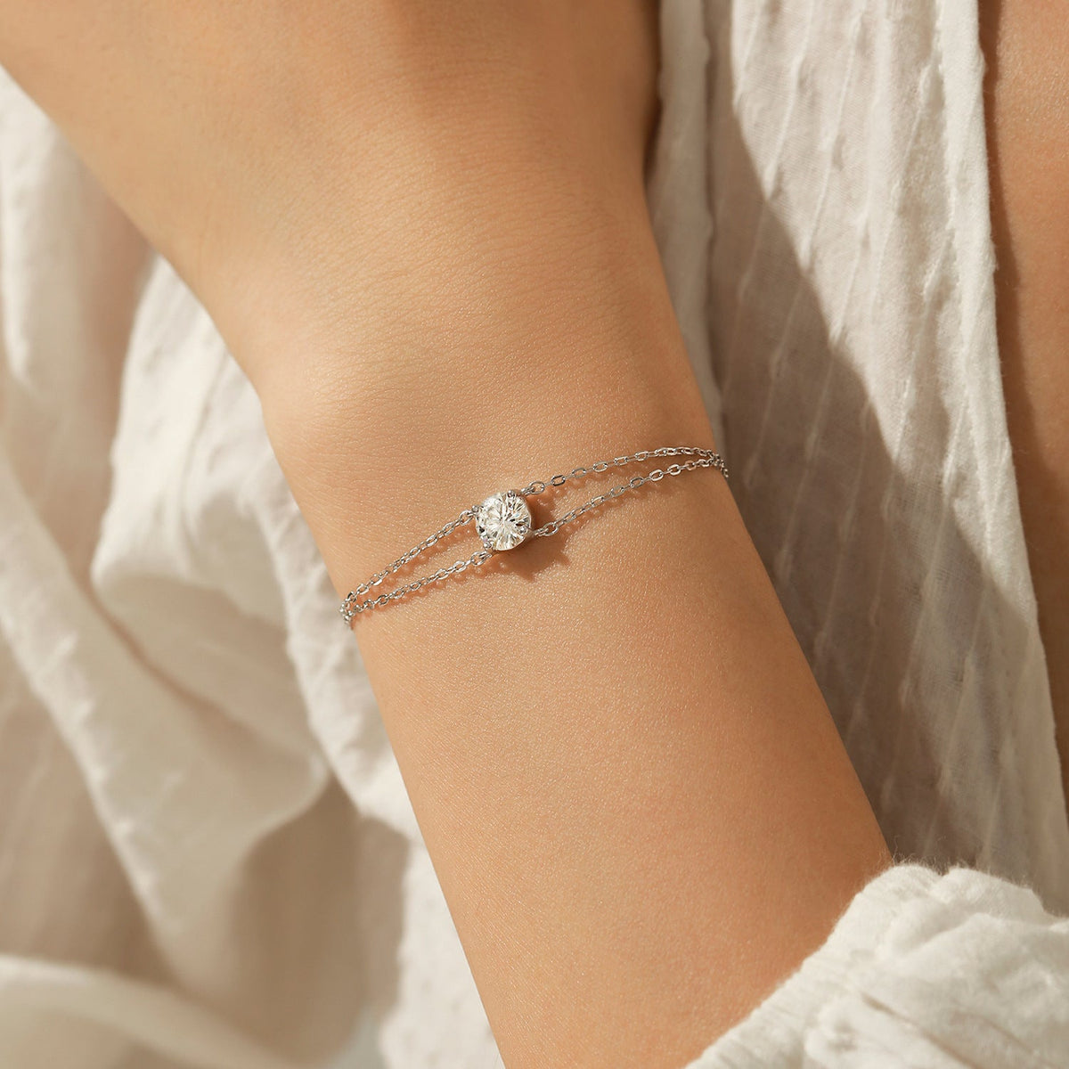 Round D-Color VVS1 Moissanite Single-Stone Double-Layer Bracelet in Sterling Silver