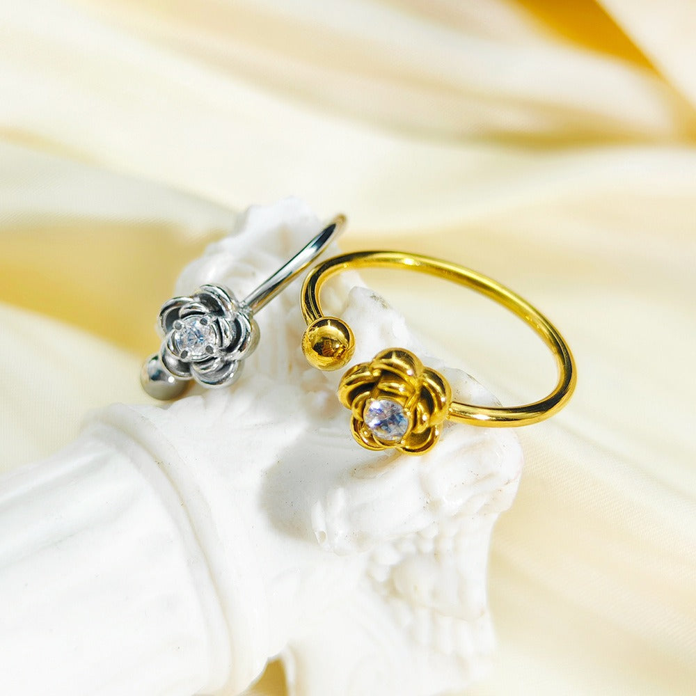 Women's Steel Korean Style Simple Light Luxury Rose Diamond Graceful Flower Ring