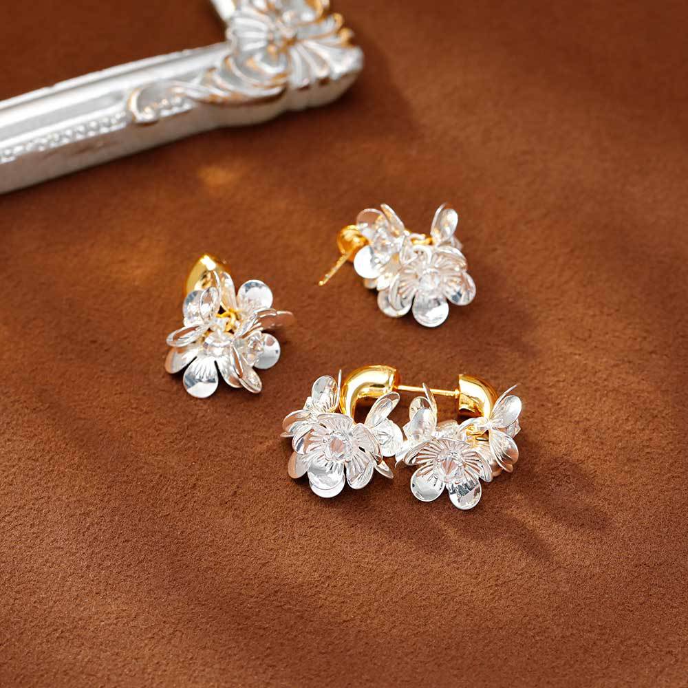 Front Rear Wear Contrast Color Flower Sier Earrings