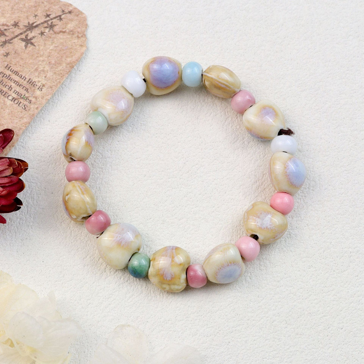 Women's Chinese Style National Fashion Ceramic Beaded Lotus Seedpod Retro Ethnic Bracelet