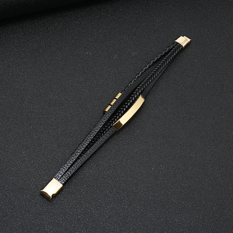 Men's Leather Woven String Stainless Steel Personality Bracelet