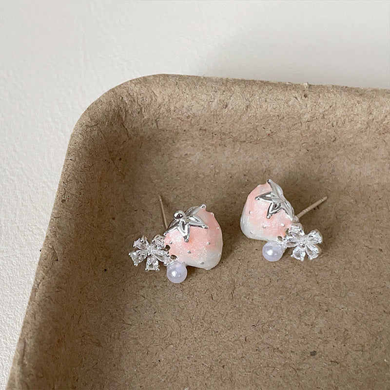 Sweet Gradient Pink Strawberry Pearl Zircon Female Earrings