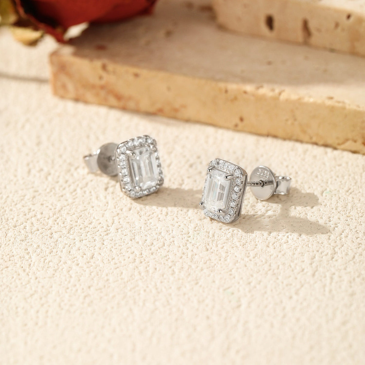 Emerald-Cut D-Color VVS1 Moissanite Stud Earrings in Sterling Silver