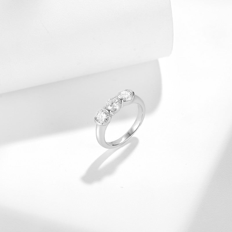 Minimalist Three-Stone Moissanite Ring in White Gold – Elegant Stackable Band for Women