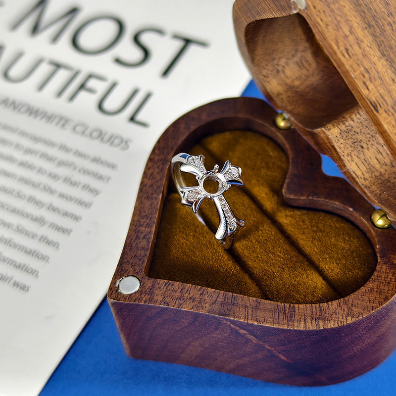 Sterling Sier Frame Round Adjustable Mouth Cross Diamond Claw Inlaid Ring