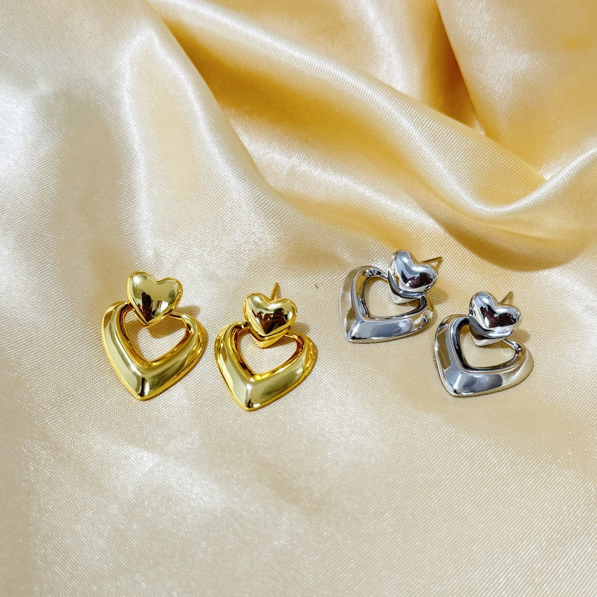 Fashion Metallic Geometric Double Layers Loving Heart Exaggerated Earrings