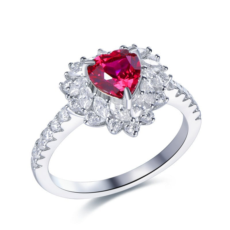 Sterling Silver Heart Ring with Lab-Created Ruby & Moissanite Accents