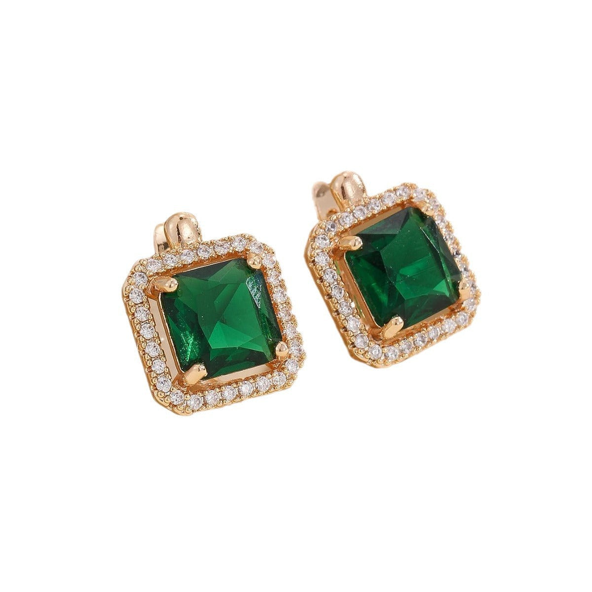Women's Fashion Emerald Copper Small Retro Affordable Luxury Geometric Square Zircon Earrings