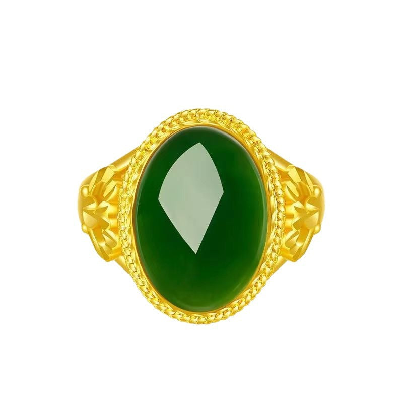 Gold Inlaid Natural Agate Jade Green Chalcedony Retro Fashion With Rings