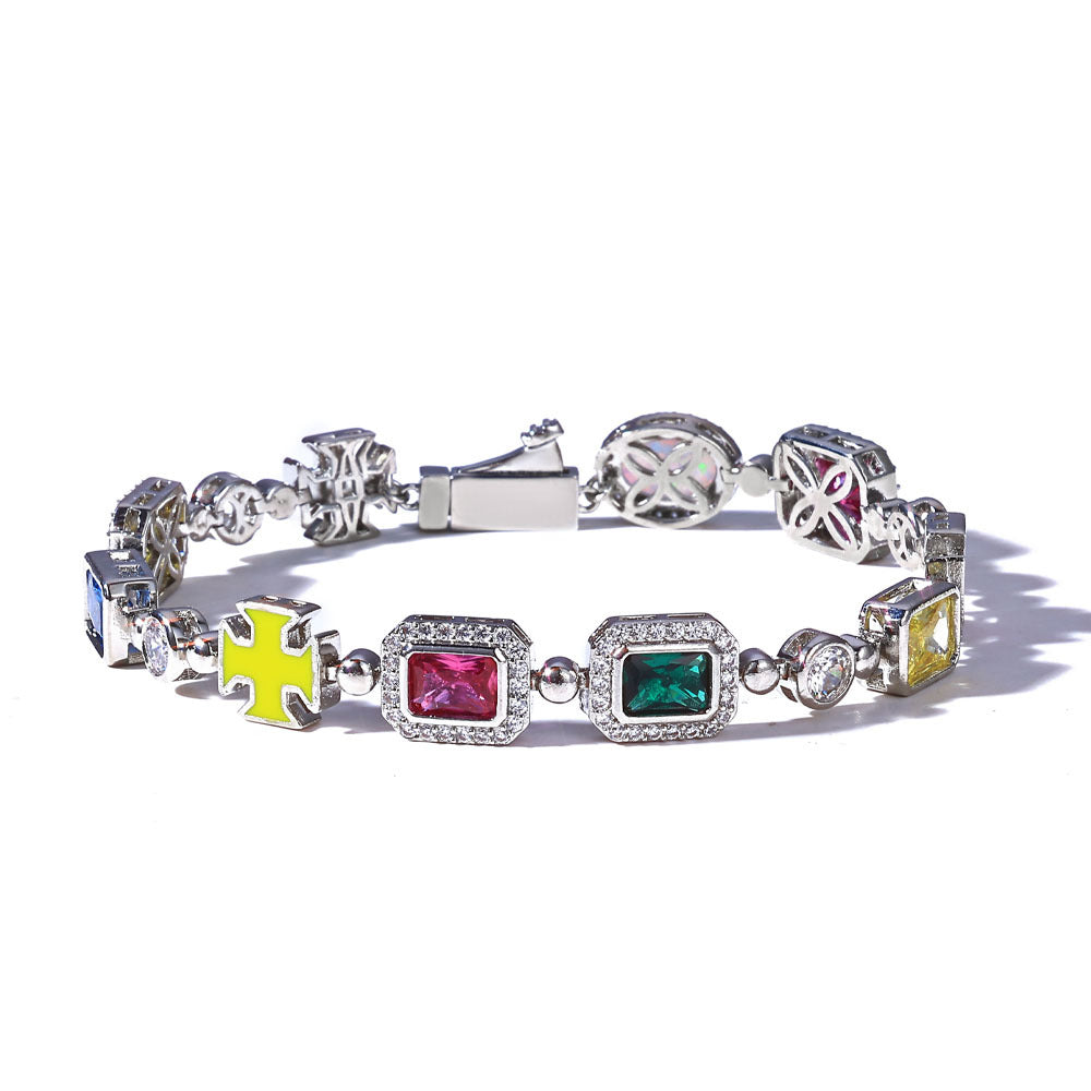 Geometric Hip Hop Chain Bracelet with Cubic Zirconia Stones in Gold or White Gold