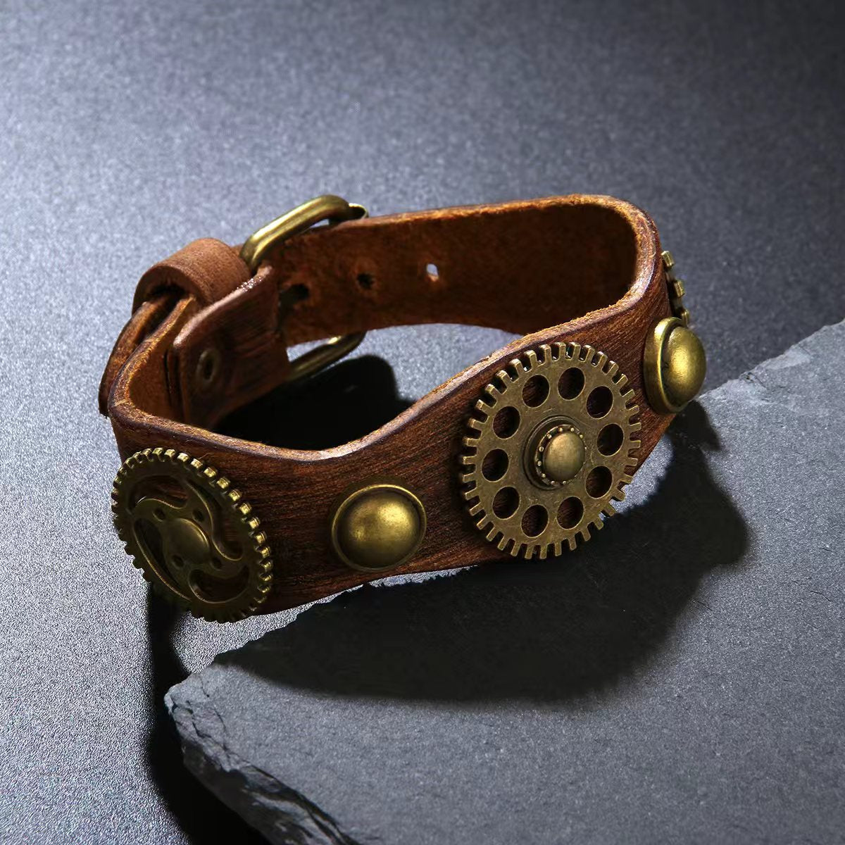 Gear Leather Vintage Distressed Rivet Wide Bracelet