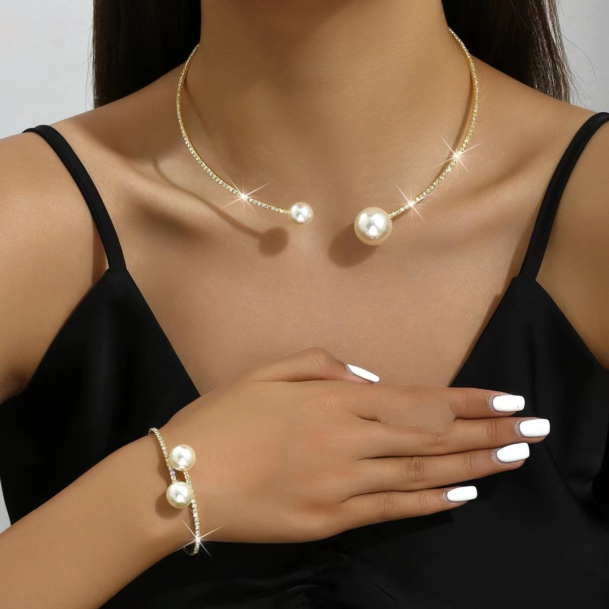 Bridal Wedding Dress Pearl Diamond Crystal Collar Three-piece Rings