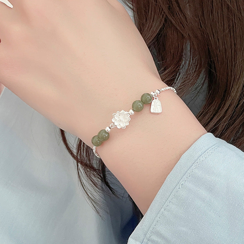 Women's Sterling Sier Small Pieces Of Chinese Lotus Jade Niche Beaded Bracelets