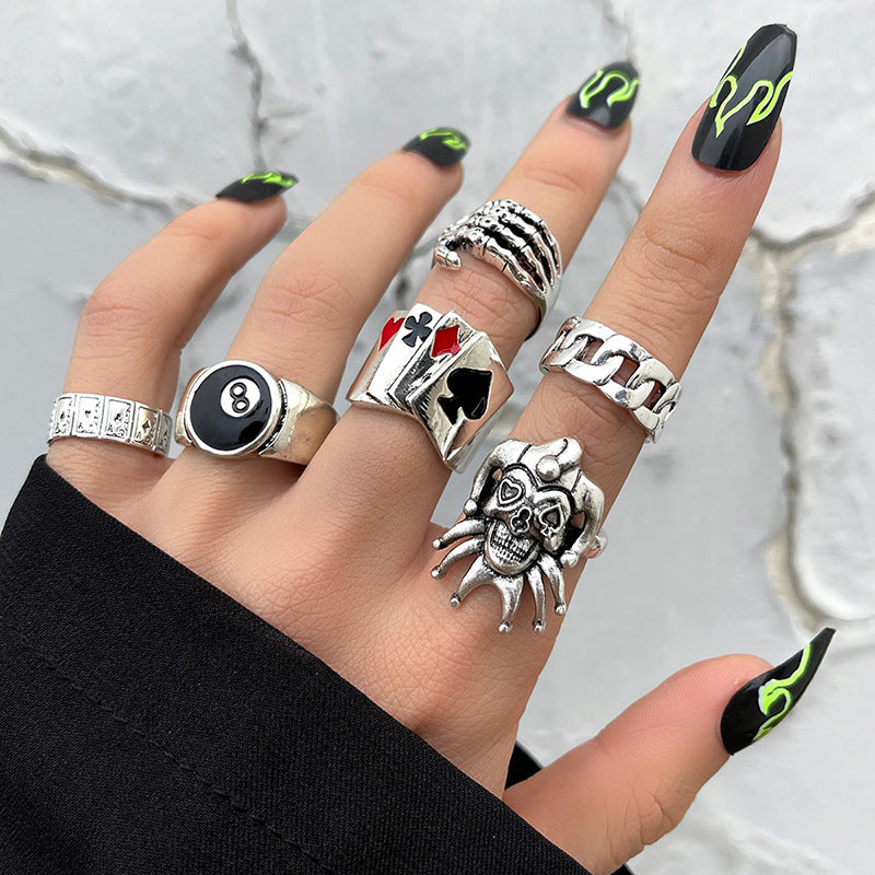 Alloy Chain Vintage Crying Face Poker Hollow Love Ring