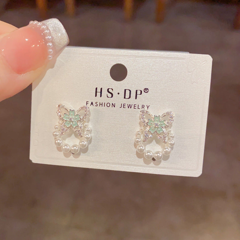 Sweet Thick Sier Zircon Butterfly Pearl Hoop Rings
