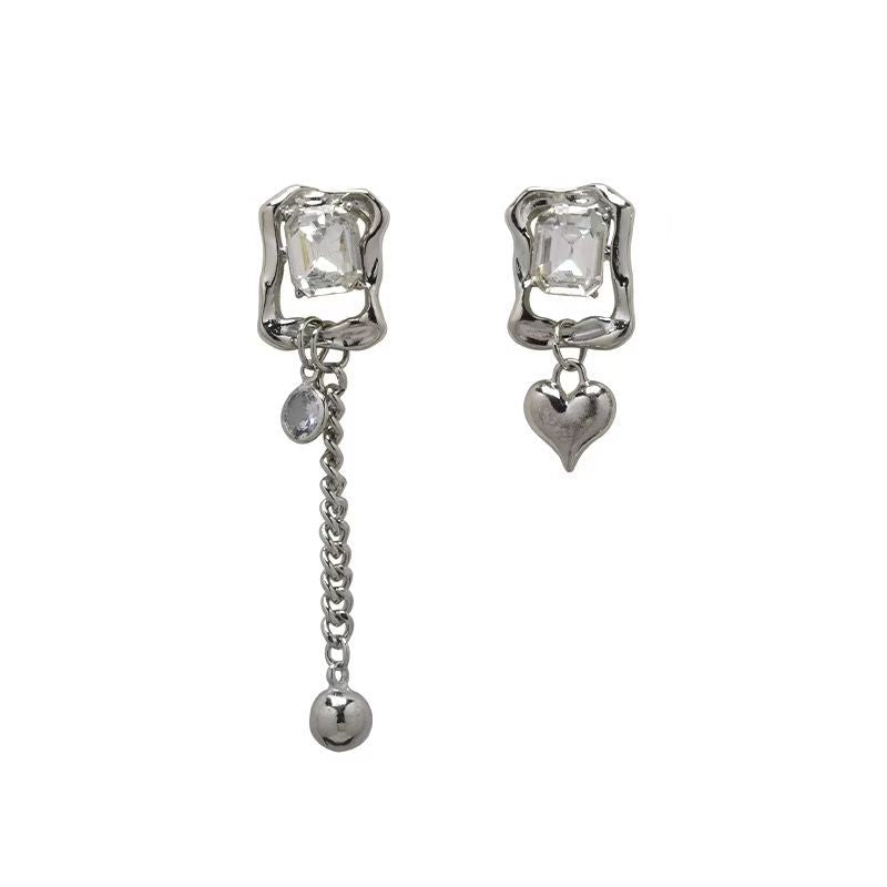 Design Asymmetric Heart-shaped Tassel Simple Sweet Cool Cold Style Sier Earrings