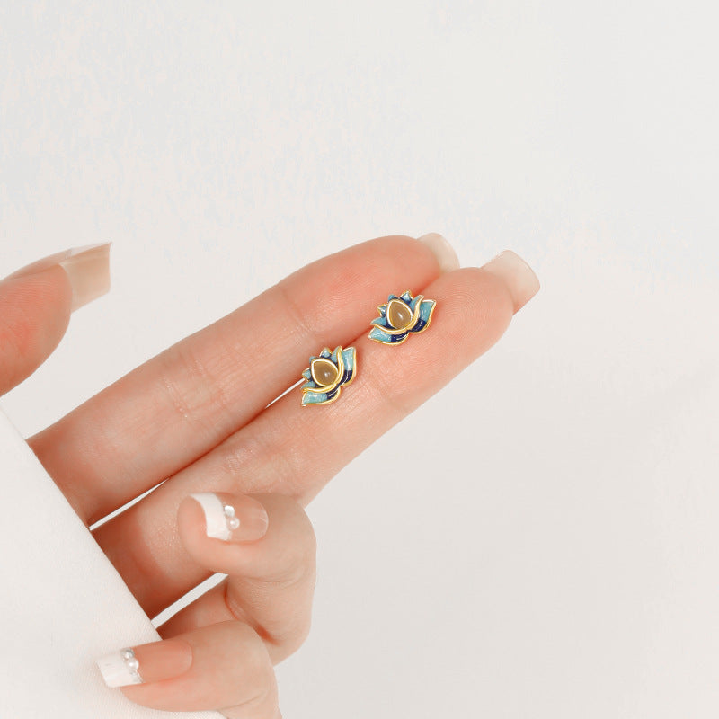 Women's Imitation Jade Lotus Ear Chinese Style Retro Niche Stud Earrings