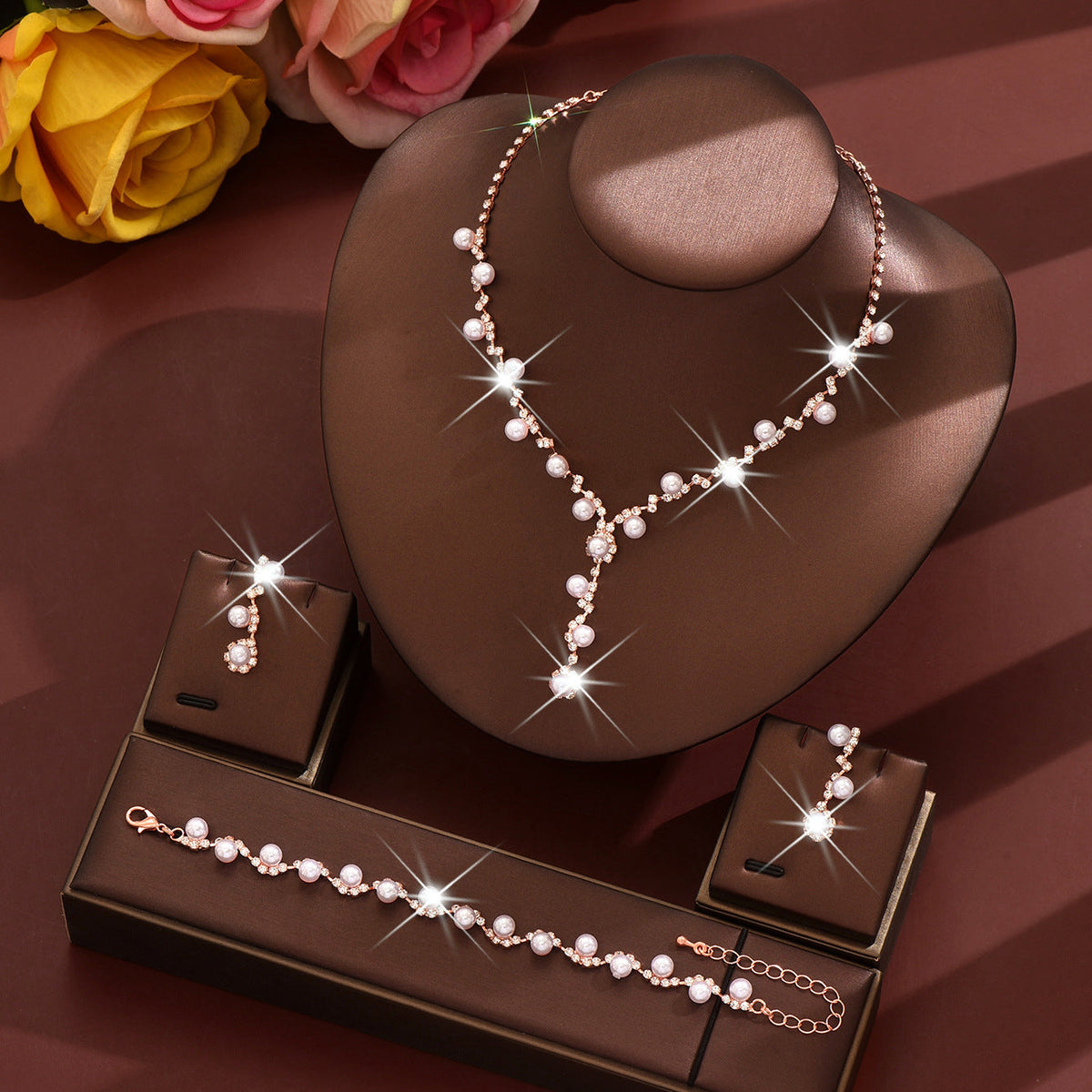 Bridal Popular Sunflower Rhinestone Pearl Three-piece Necklaces
