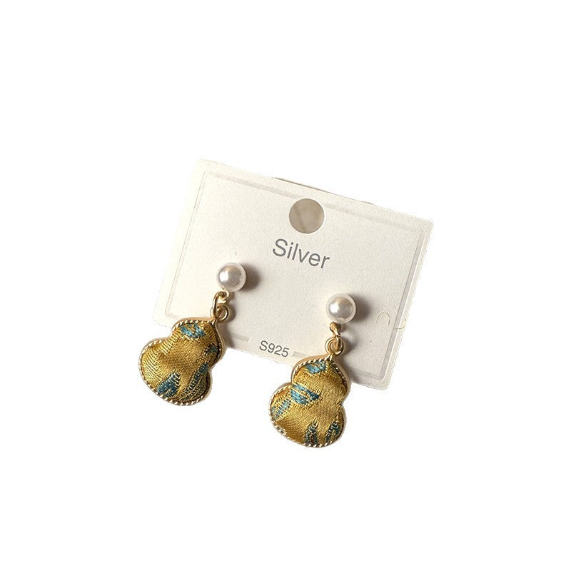 Women's Dynasty Brocade Gourd For Sier Needle Pearl Earrings