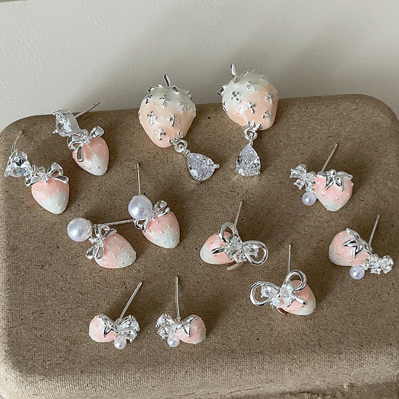 Sweet Gradient Pink Strawberry Pearl Zircon Female Earrings