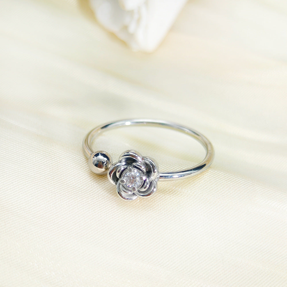 Women's Steel Korean Style Simple Light Luxury Rose Diamond Graceful Flower Ring