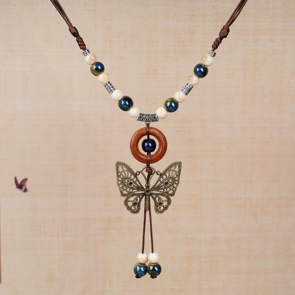 Women's Retro Ethnic Style Ceramic Butterfly Bell Fashionable Necklace