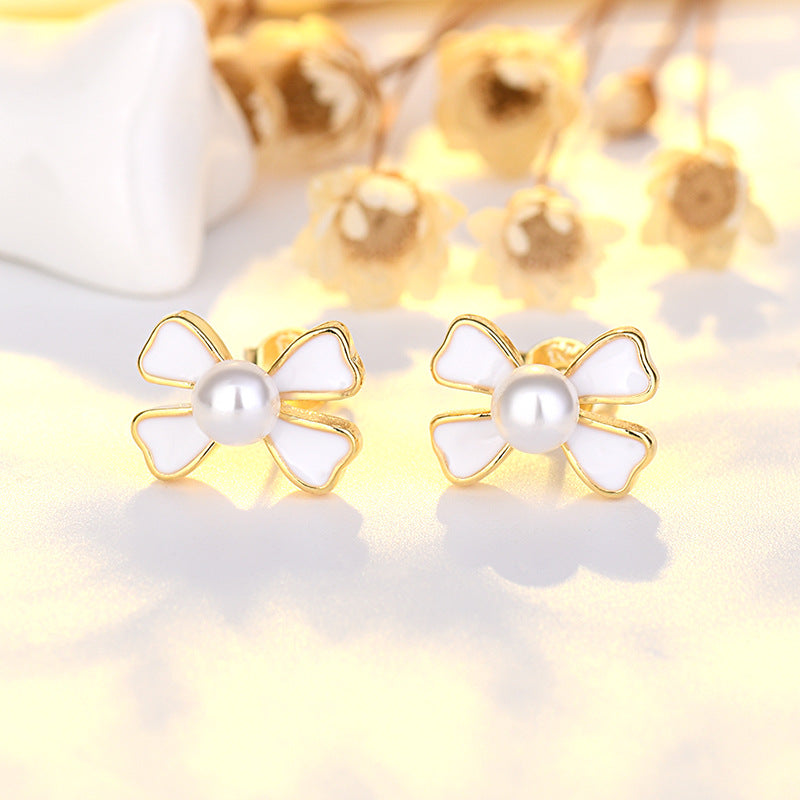 Sterling Sier Needle Heart Petite Simple Love Bow Tie Pearl Stud Earrings