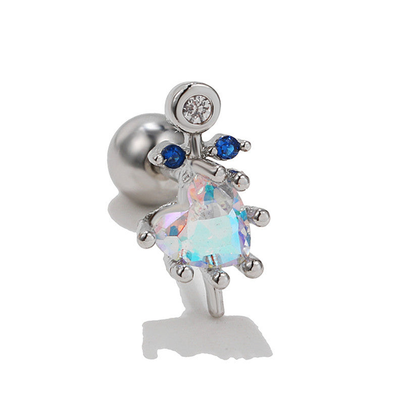 Flower Ear Pink Zircon Sweet Loving Heart Bone Inner Screw Earrings