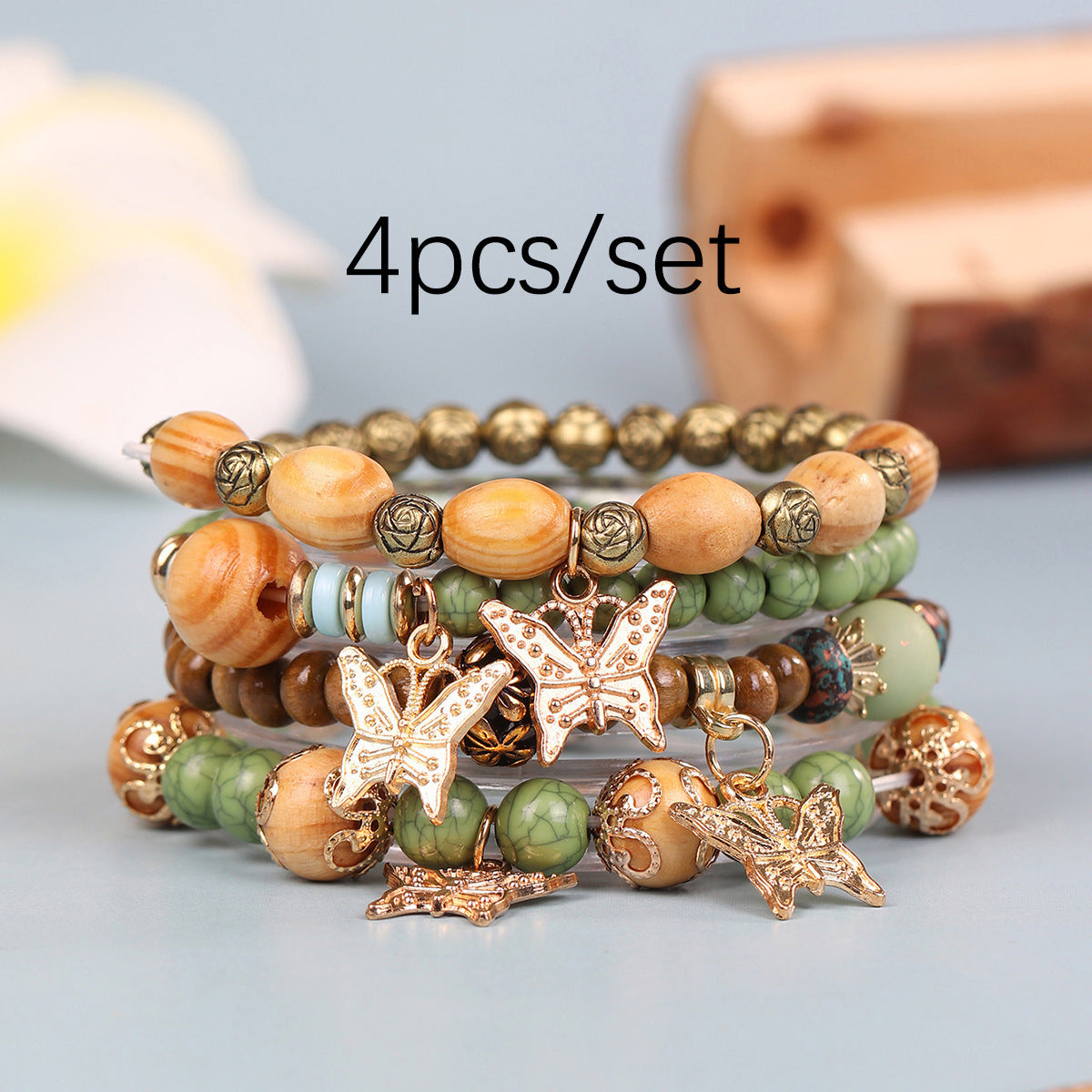 Exquisite Wooden Bead Bohemian Tassel Four Pendants