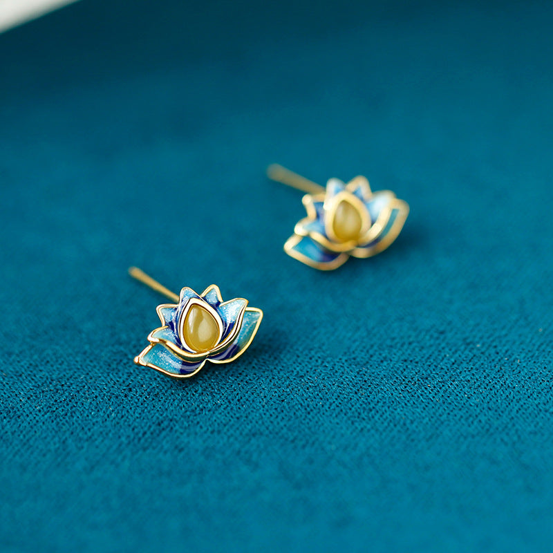 Women's Imitation Jade Lotus Ear Chinese Style Retro Niche Stud Earrings