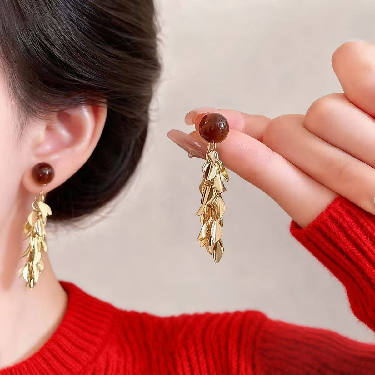 Amber Round Long Golden Leaf Tassel Expensive Mosquito Earrings