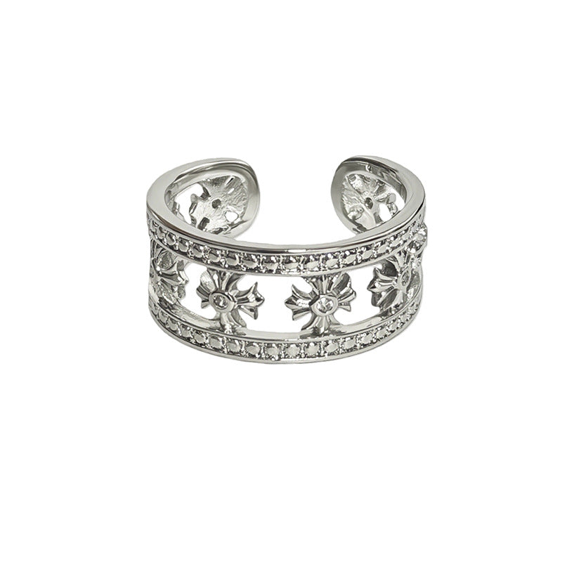 Women's Mild Luxury Retro Delicate Diamond Clover Flower-de-luce Open Niche Twin Rings