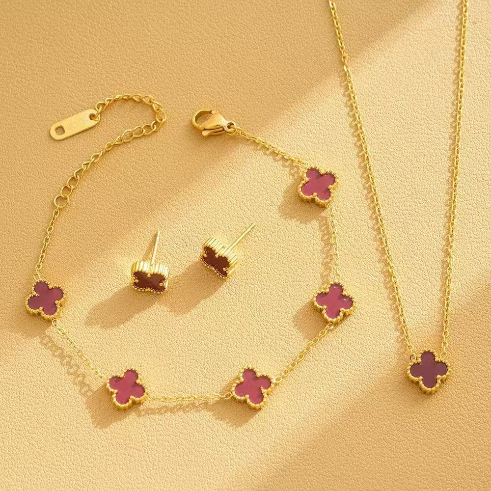 Women's Steel Double-sided Four-leaf Flower Fashion Temperament Entry Jewelry Set