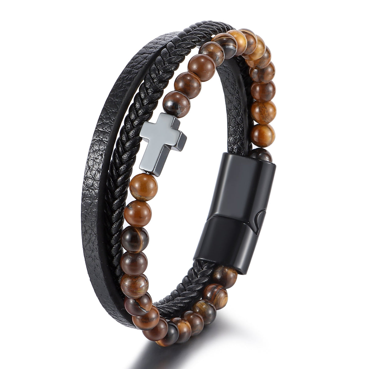 Men's Natural Tigereye Beaded Cross Woven Leather Bracelets