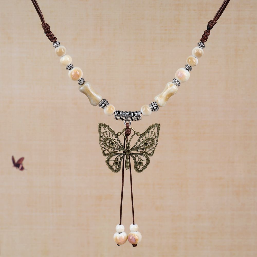 Women's Retro Ethnic Style Ceramic Butterfly Bell Fashionable Necklace