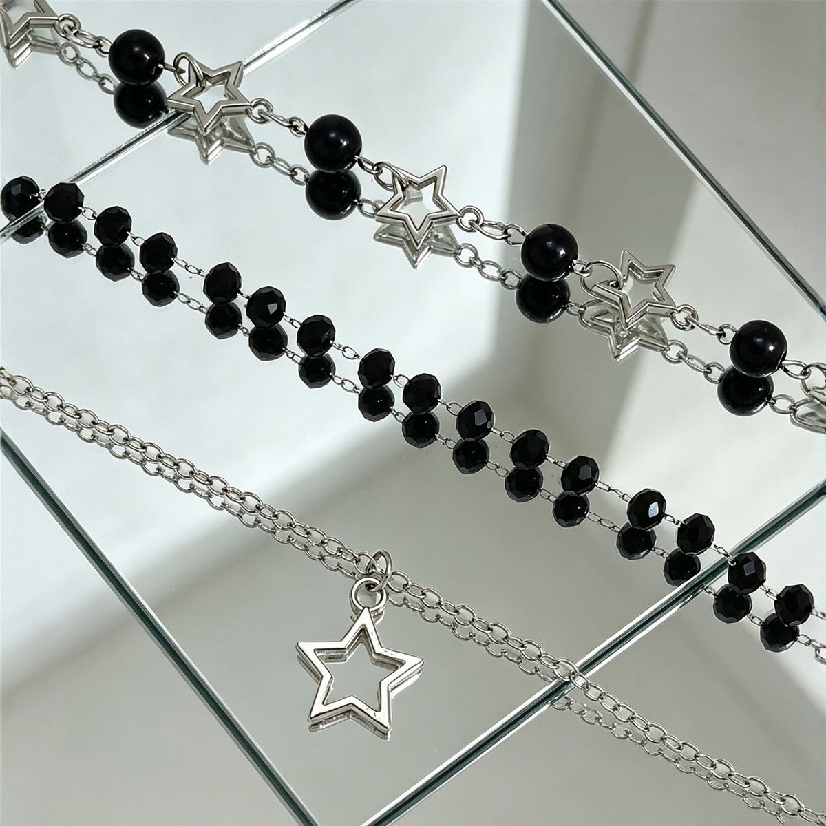 Sweet Cool Style Hollow Pentagram Twin Black Beaded High-grade Necklace