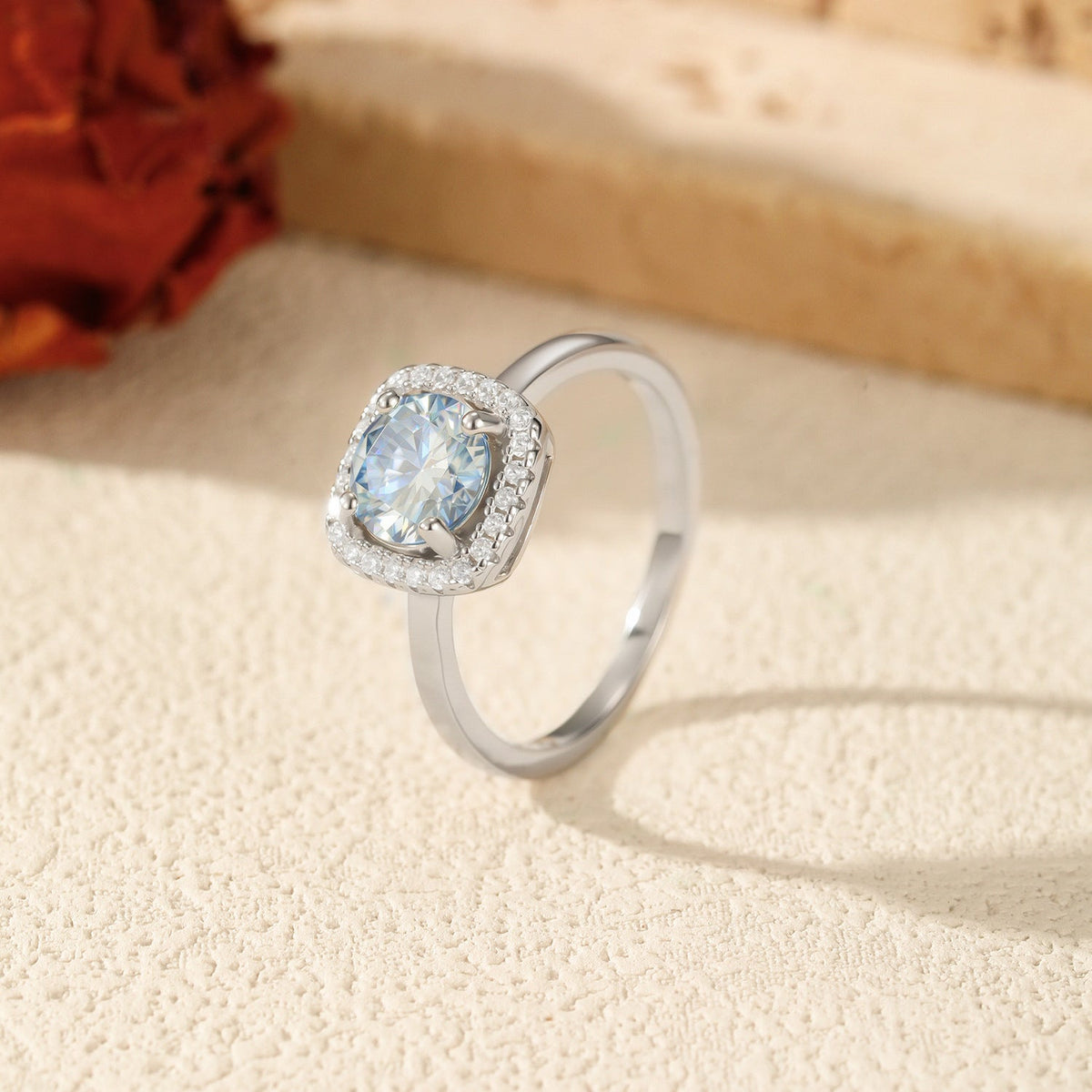 Klein Blue D-Color VVS1 Moissanite Halo Engagement Ring in Sterling Silver – Geometric Retro Style