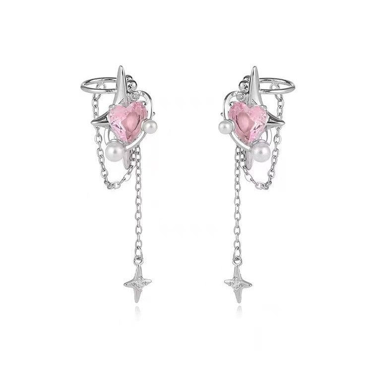 Korean Style Trendy Heart-shaped Zircon Stars Tassel Female Niche Design Ear Clip