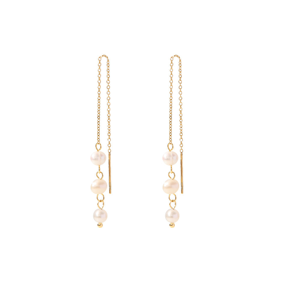 Women's Water Pearl Three Pearls Long Ear Earrings