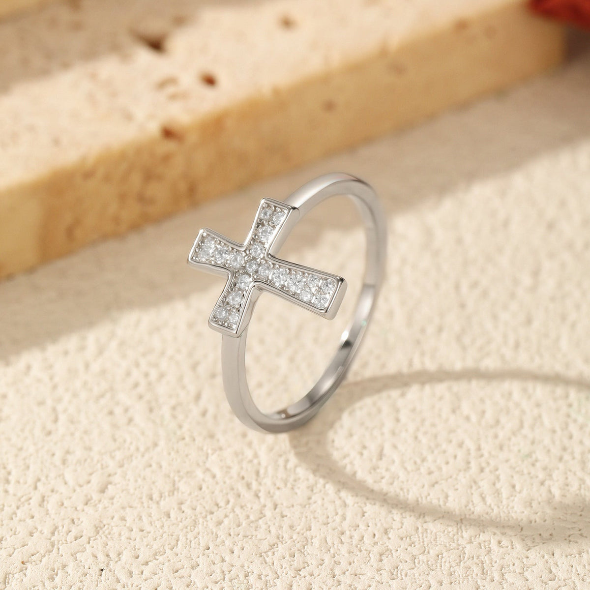 Cross Engagement Ring in Sterling Silver with D-Color VVS1 Moissanite Accents