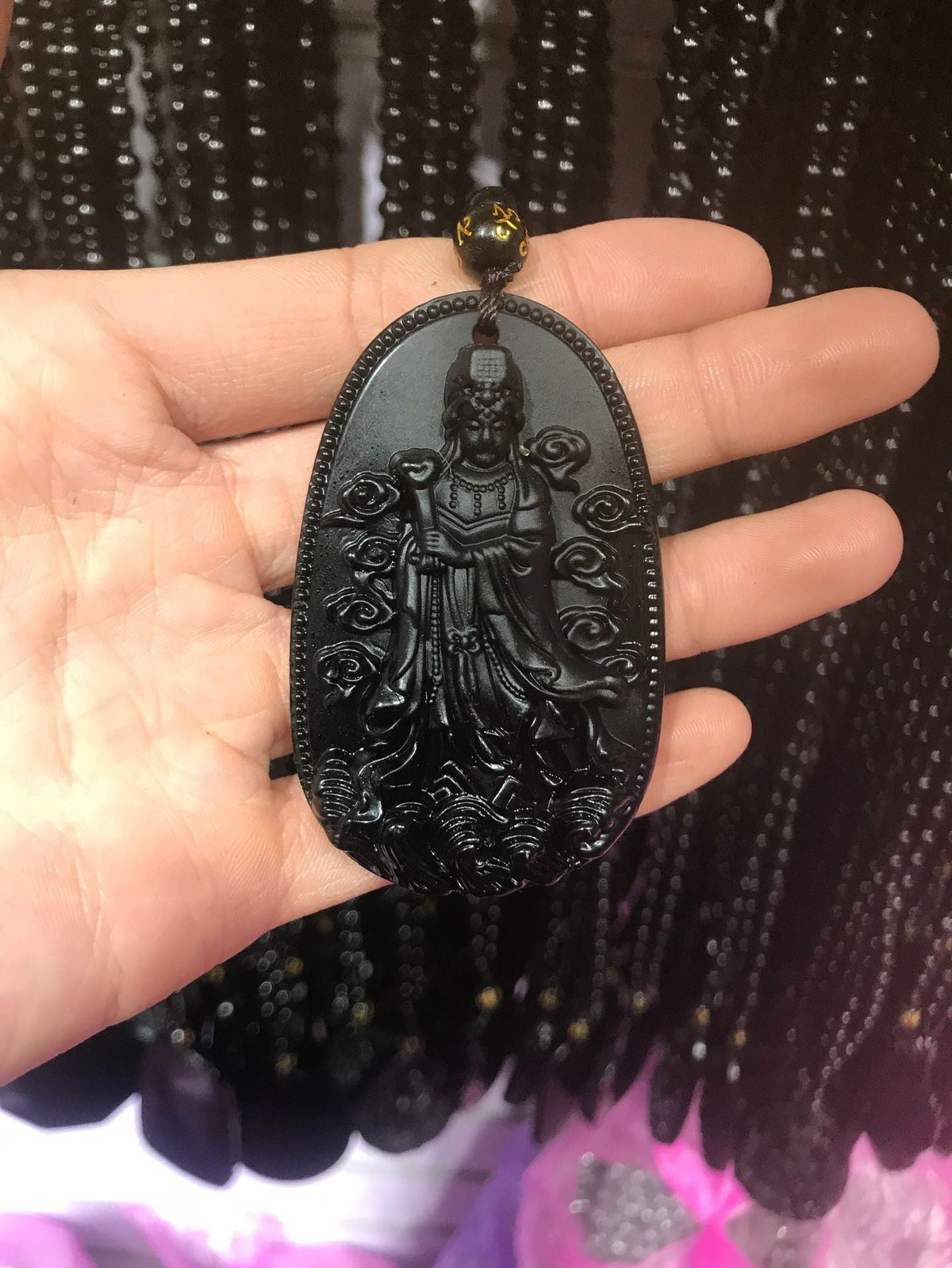 Men's Obsidian Pi Avalokitesvara Buddha Smooth Glass Necklaces