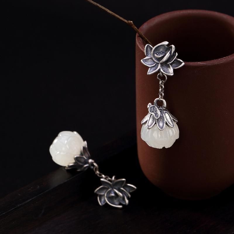 Retro Distressed Lotus Ear Sier-plated Imitation Jade Chinese Style For Earrings