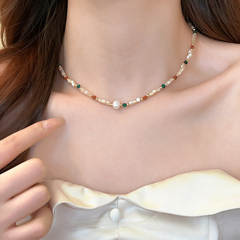 Titanium Steel Natural Stone Shell Freshwater Pearl Female Temperament Light Necklaces