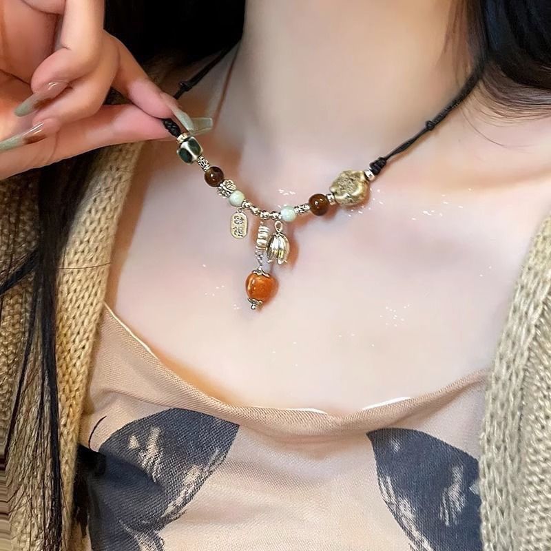 Women's Style Handmade Braid Rope Ceramic Beaded Fashion Long Necklace