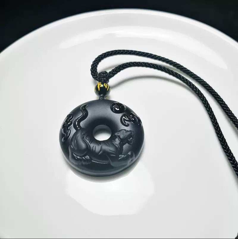 Women's & Men's Natural Obsidian Zodiac Safety Buckle Tiger Pendant