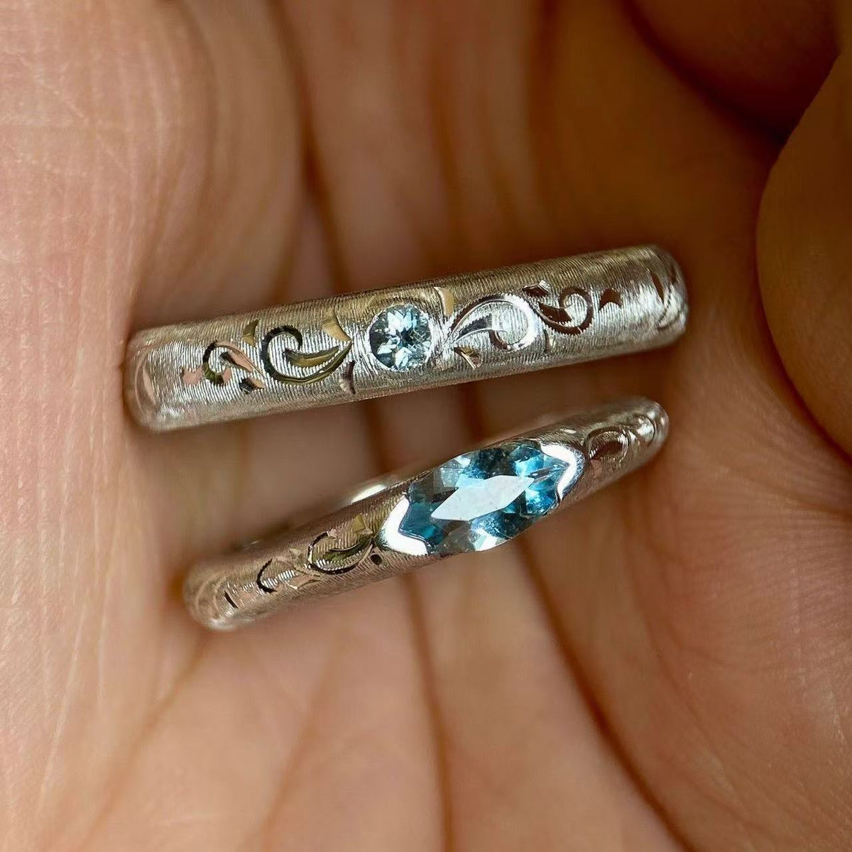 Horse Eye Blue Diamond Sier Couple Refined Rings