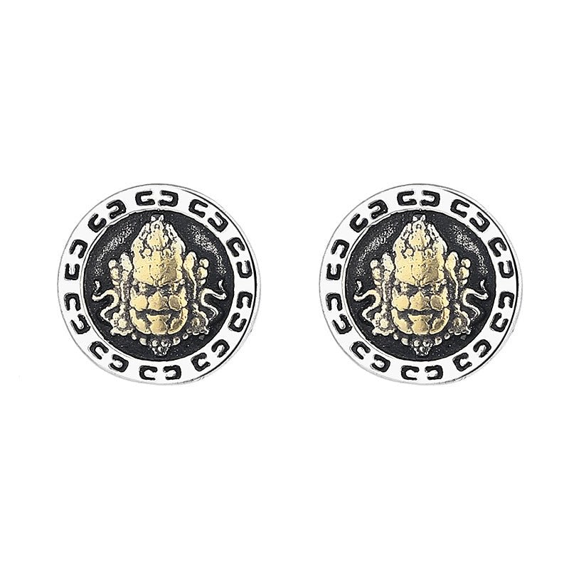 Men's Three-dimensional Yellow God Of Wealth Fashion Simple Round High Sense Stud Earrings