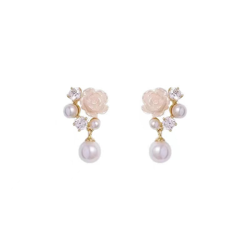 Women's Fresh Niche Design Flower French Pearl Rhinestone Earrings